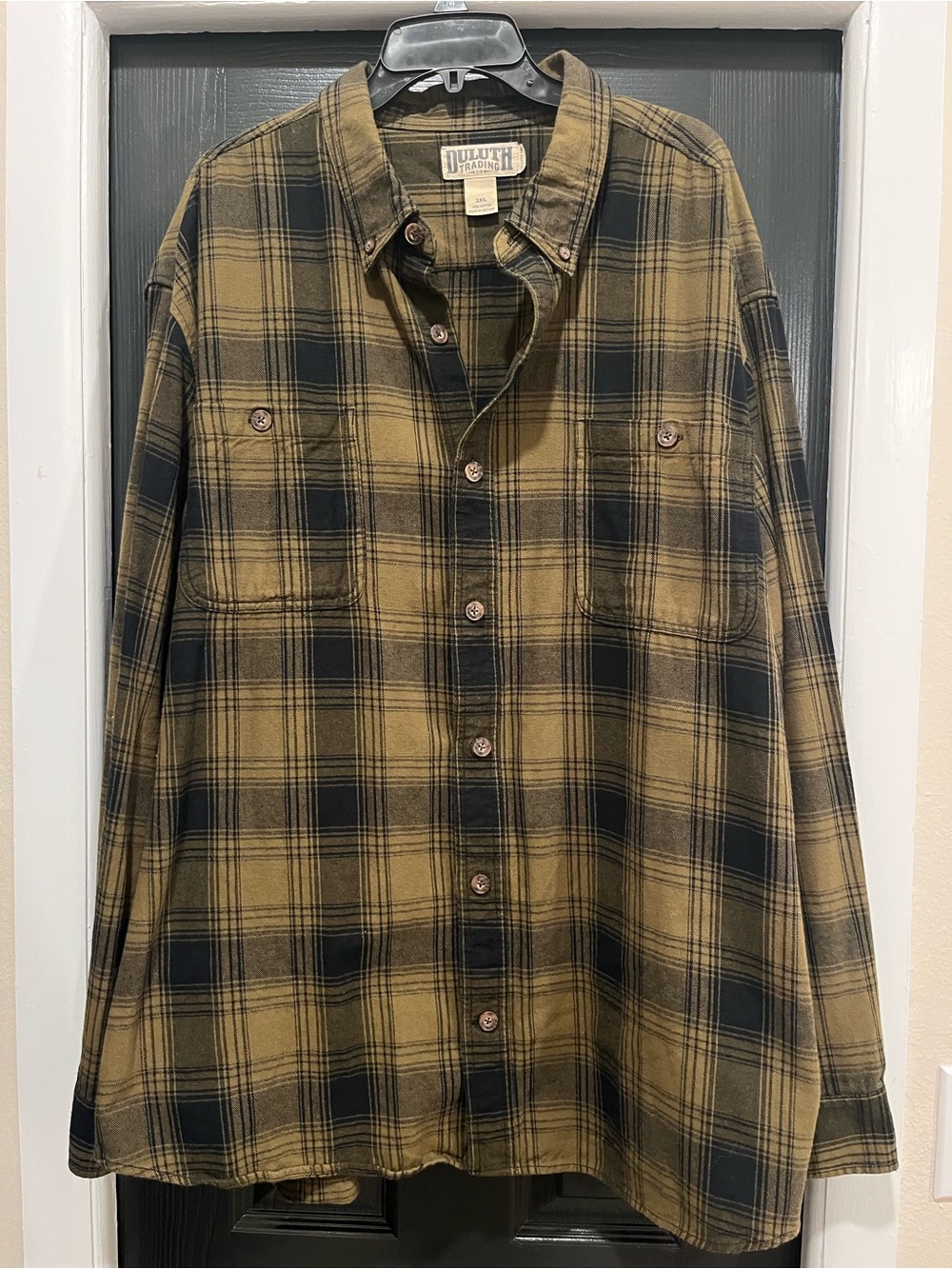 Duluth Trading Co Olive and Black Plaid Button-Down Shirt